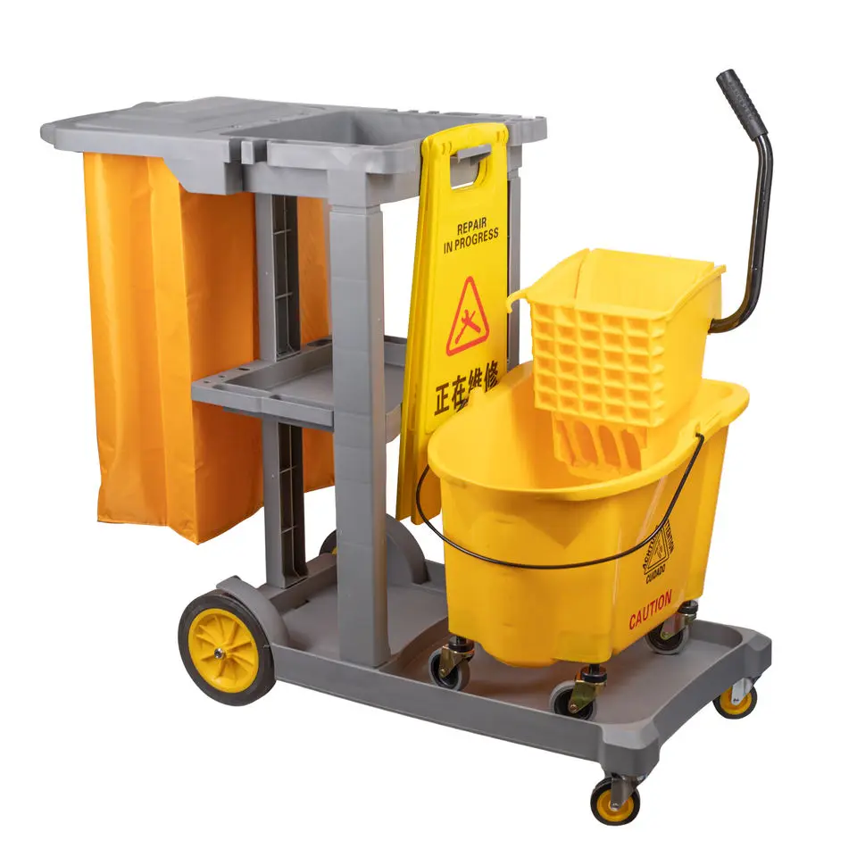 

Janitor Combo Set Housekeeping Multifunction Cleaning Cart Trolley with Mop Bucket and Caution Sign for Hotel and Hospital