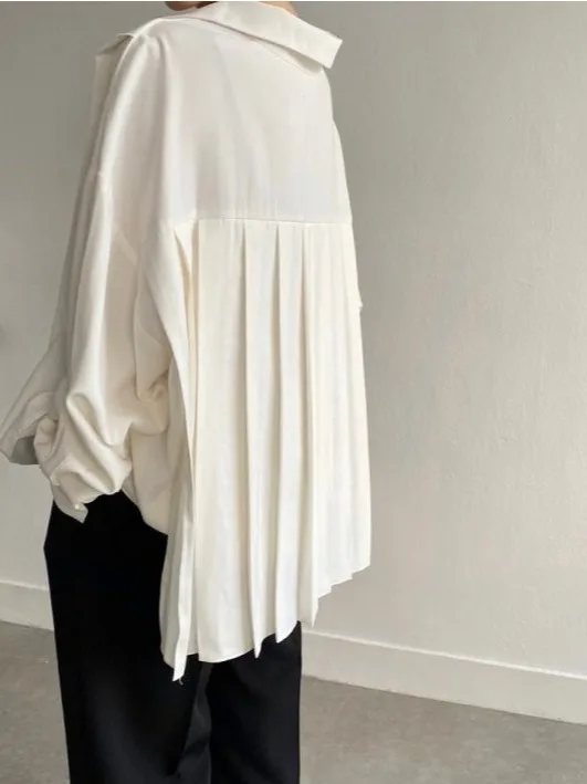 

Chic Autumn Casual Loose Long Sve irt Women's Turn-down Collar Ba Pleated Design Commute Sle Pure Color Faion Top
