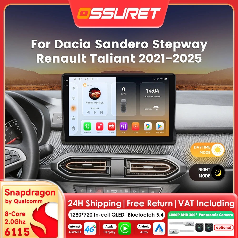 10,1 "Carplay Andriod 14 Autoradio Für Dacia Sandero Renault Stepway Talian 2021-2025 Multimedia durch Snapdragon 6115 Autoradio GPS