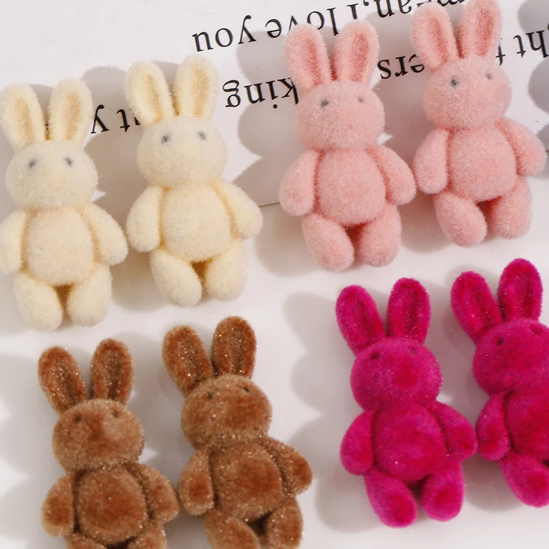 2PCS Double-sided Flocking Animals Rabbits Resin Dolls Half Hole Pendant DIY Jewelry Earring Keychain Pendant Accessories