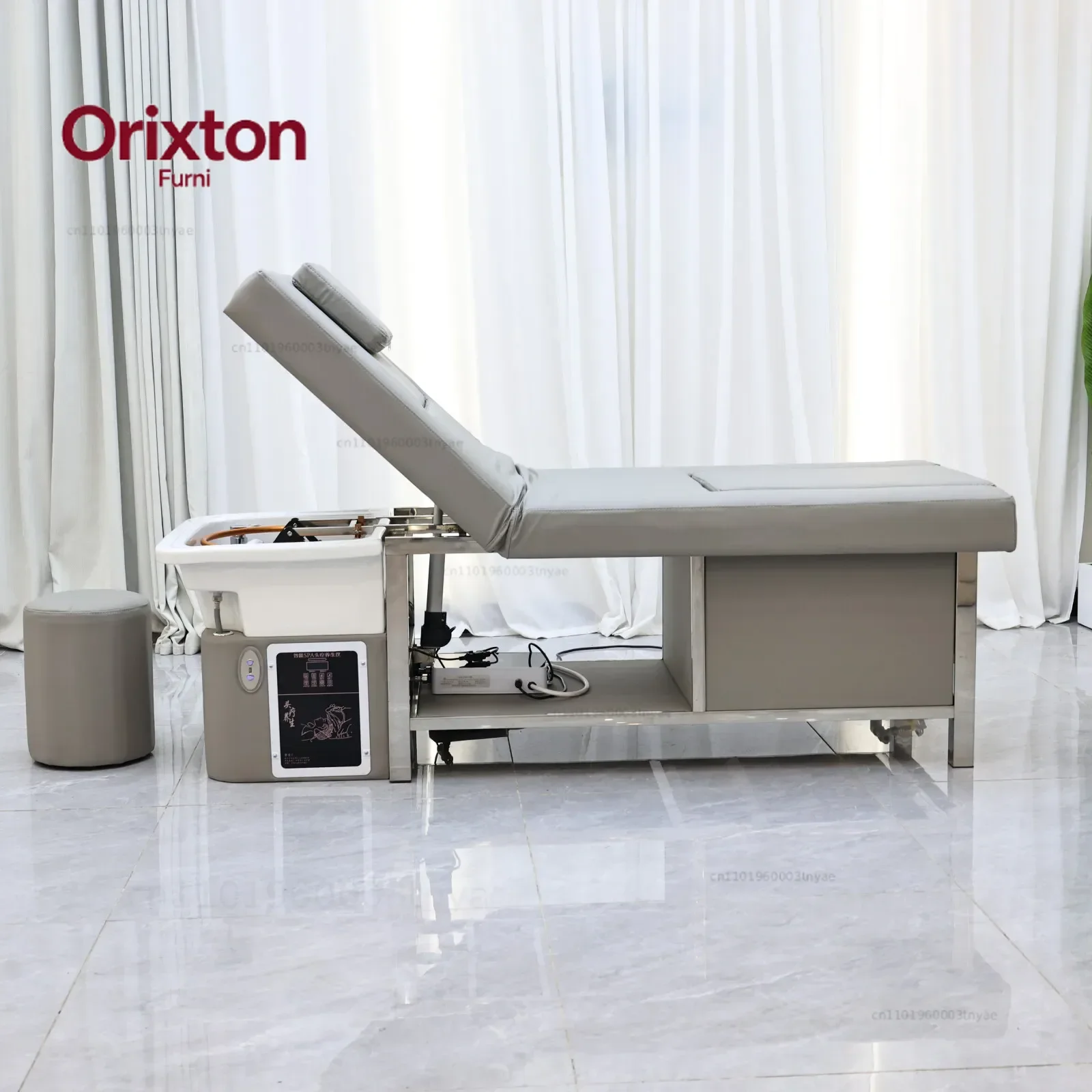 Adjustable Reclining Shampoo Bed with Circulating Water Constant Temperature Tub Leather Head Spa Massage Table for Barber Shop