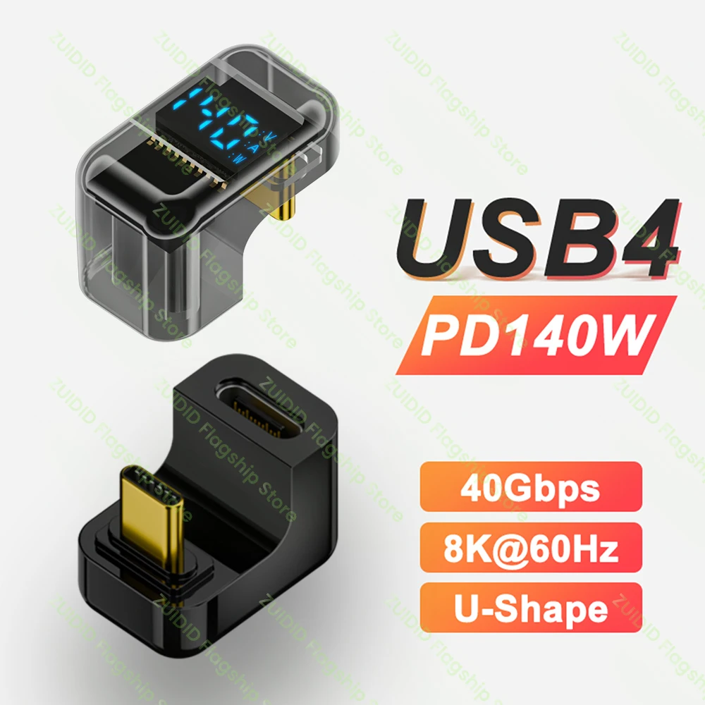 U-Shape LED Display USB4.0 40Gbps Type C to C Adapter 8K@60Hz PD140W 5A Fast Charging Cable for iPhone 15 16 MacBook Steam Deck