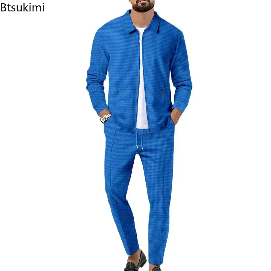 2024 männer Casual Waffel Zwei Stück Hosen Sets Lose Revers Zip-up Mäntel und Hosen Sets für männer Kleidung Herbst Mode Sets Männlich