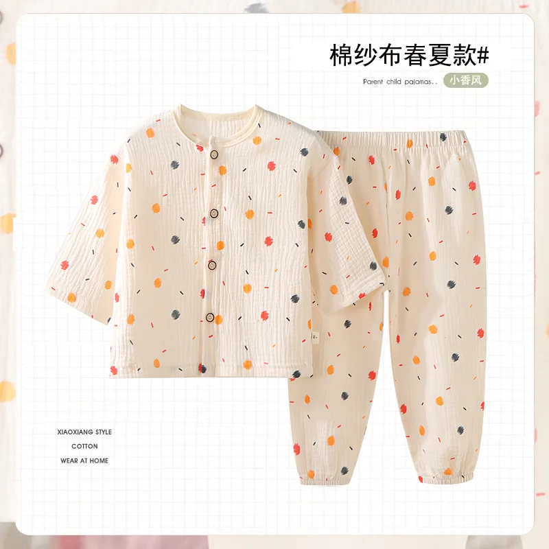 Boys Girls Pajamas Baby Suits Clothes Muslin Cotton Short Sleeve Homewear Children Family Outfits Shirt Tops+Pants 2PC 1-10T