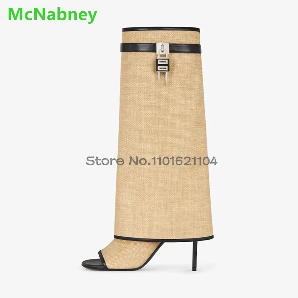 Splicing Open Toe Shark Boots For Female Women 2024 Autumn New Thin High Heel Luxury Metal Lock Design Slip-on Fashion Shoes