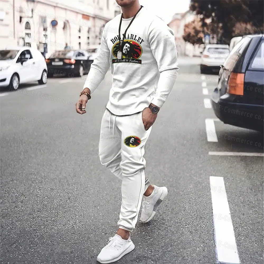 New Men T Shirt 2 Piece Set Bob Marley Love Trousers Hip Hop Sweatshirts Long Sleeve T Shirt+Pant Loose Jogging Tracksuit