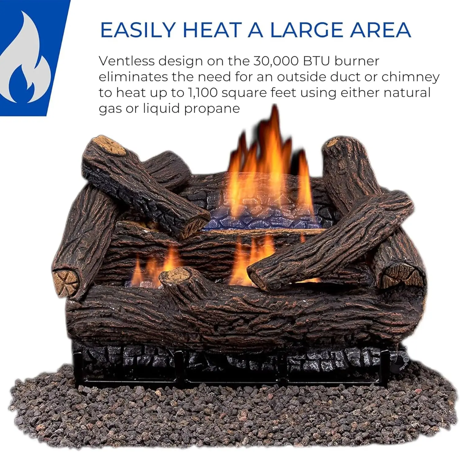 DLS-18T-2 Dual Fuel Ventless Fireplace Logs Set with Thermostat, Use with Natural Gas or Liquid Propane, 30000 BTU, Heats up