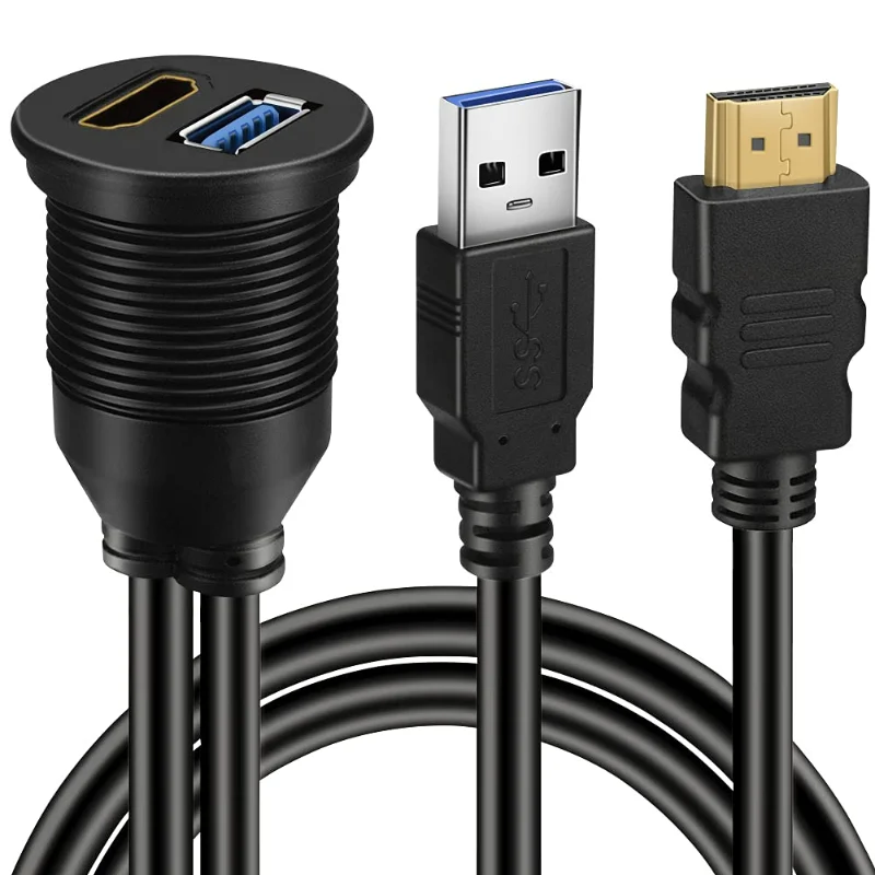 USB 3.0/USB 2.0およびHDMIオス-メス延長パネル,ダッシュボードエクステンション,防水,自動車およびボート用フラッシュマウントケーブル,オートバイ,1m