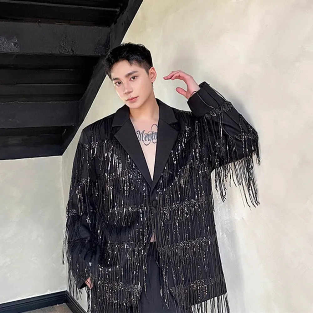 Fashion Show Men's Sequins Tassel Blazer Loose Coat Oversize Fringe Suit Jackets for Male Singer Stage Party Performance Tuxedo