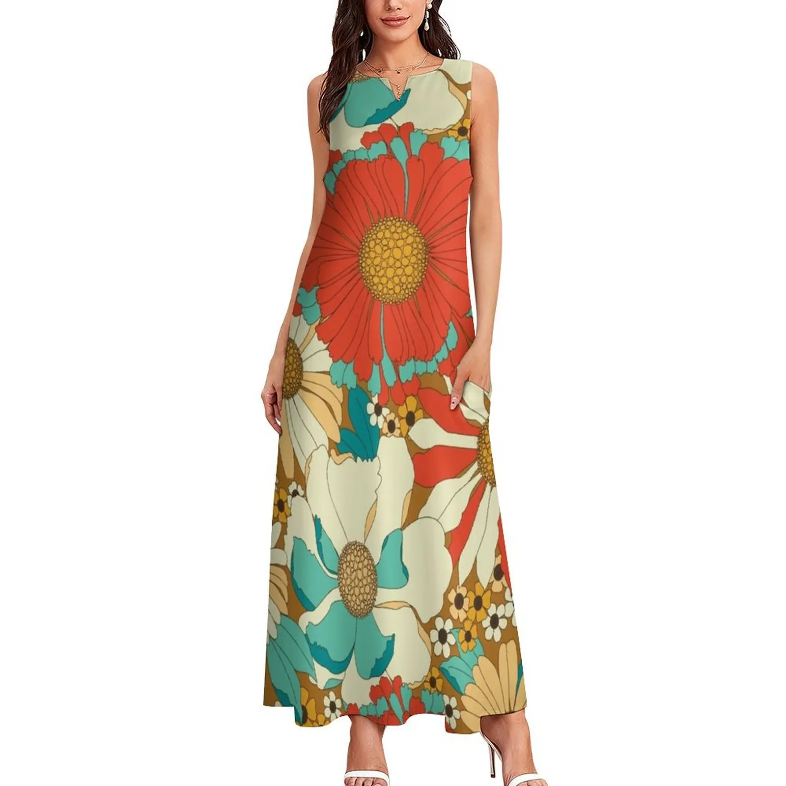 Red, Orange, Turquoise & Brown Retro Floral Pattern Long Dress dress party night summer outfits for women 2024 fairy dress