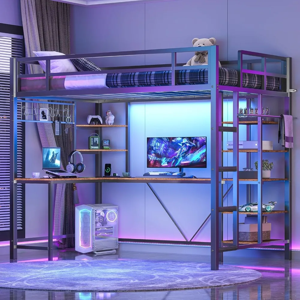 Twin Loft Bed with L Shaped Desk & 6 Storage Shelves, Loft Bed Twin Size with Charging Station, LED Lights, Safety Guard & Ladde