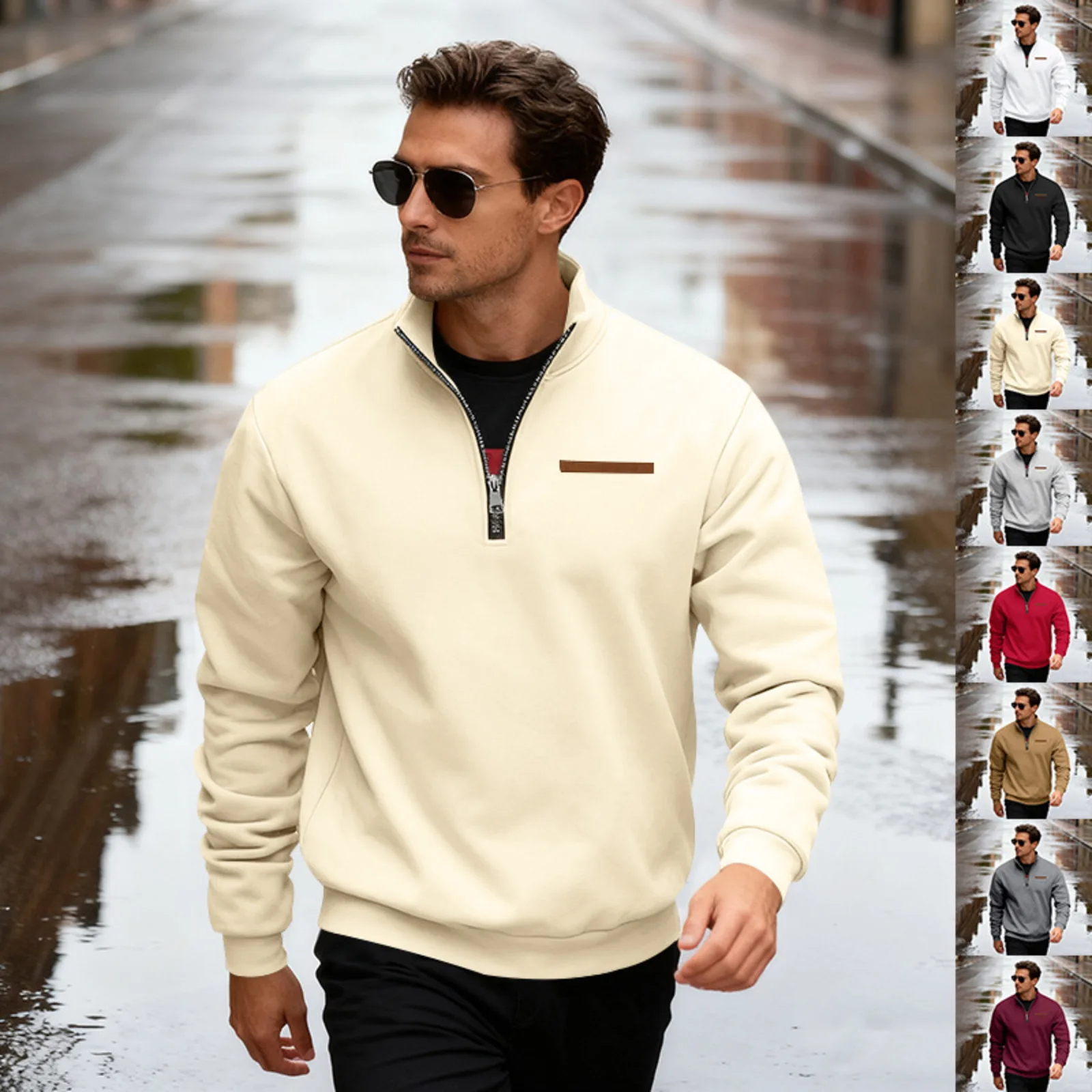

Male Popular Loose Pullover Casual Simple Solid Color Shirt With Stand Up Collar Half Zipper Men Daily Outdoor Event Wearing