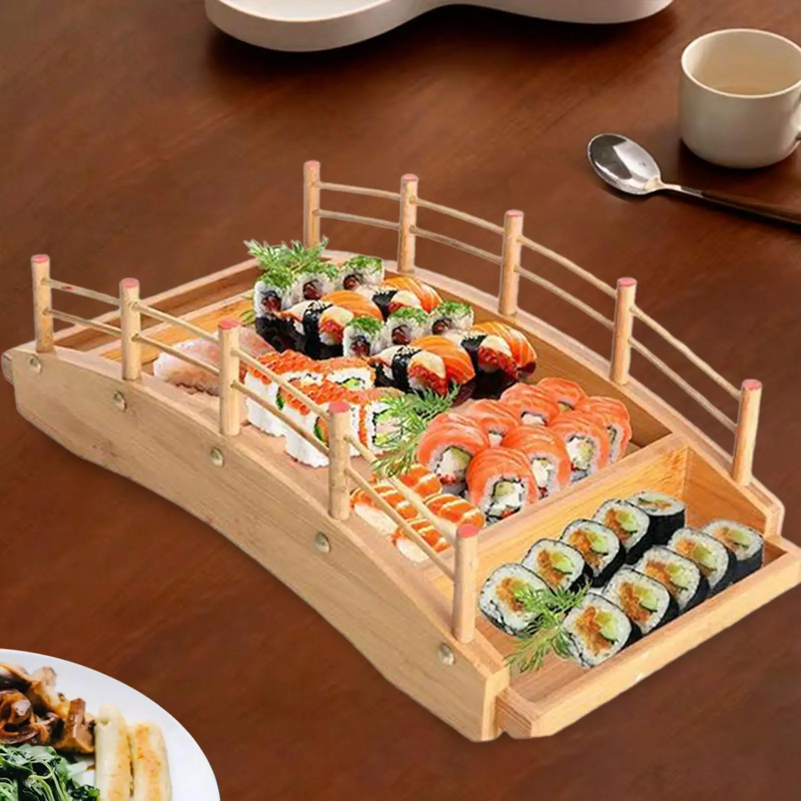 Wooden Sushi Bridge Tray Ornament Dish Tableware Wooden Sashimi Serving Platter Restaurant Snack Steak Steaming Fish Pastry