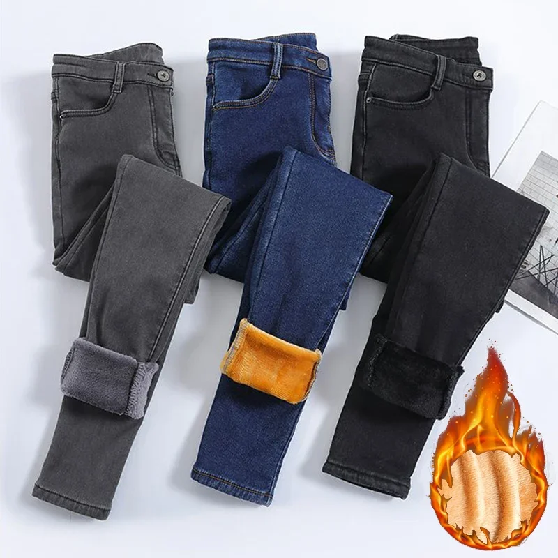 

2025 зимние женские зимние теплые термоджинсы, плюшевые узкие тонкие джинсы для девочек, флисовые джинсовые брюки, модные прямые брюки-карандаш