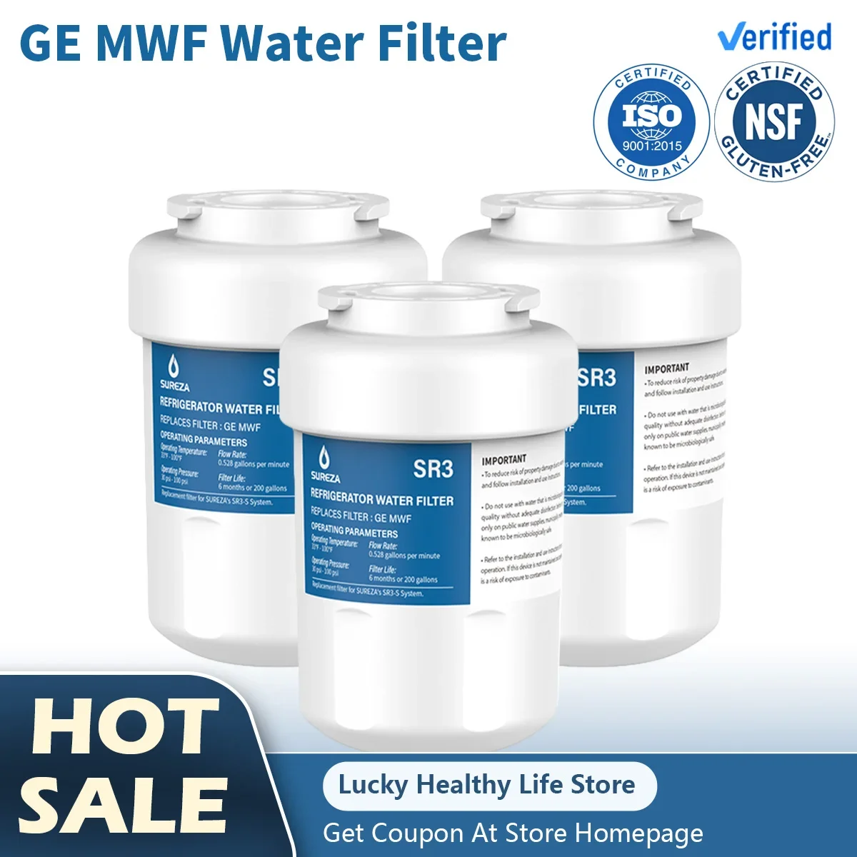 

MWF Water Filter Replacement for GE MWF Refrigerator Water Filter SmartWater MWFP GWF WFC1201 RWF1060 Kenmore 9991,3PACKS