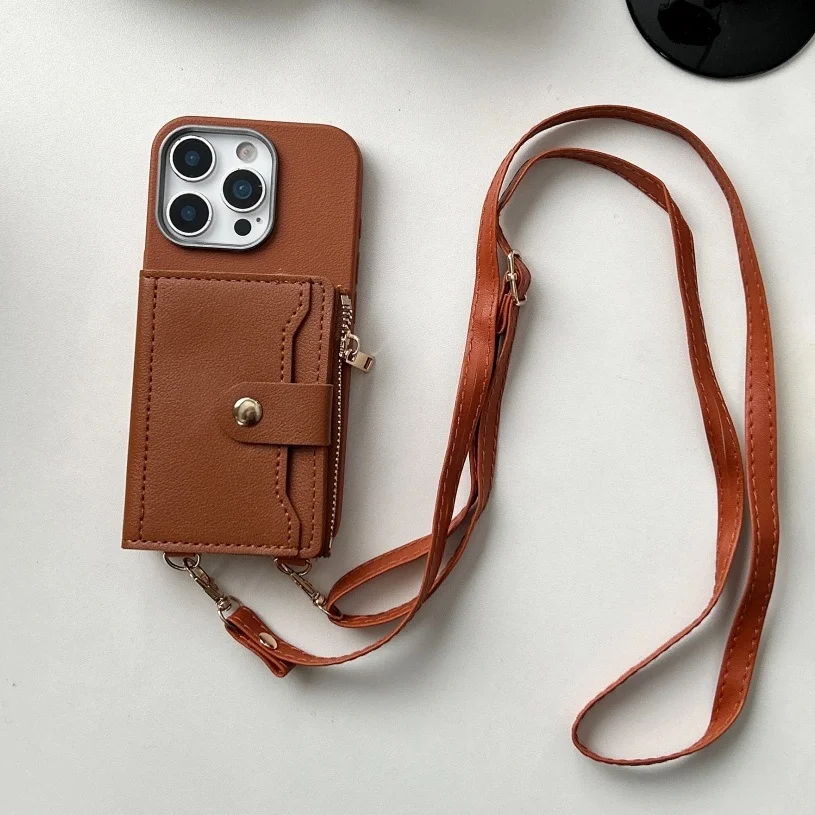 Crossbody Lanyard Card Slot Bag Bracket Leather Soft Phone Case For iPhone 16 15 14 13 12 11 Pro Max Plus Rope Neck Strap Cover