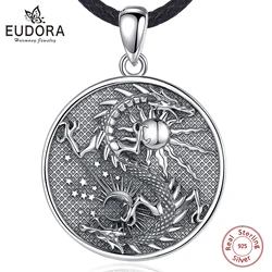 Eudora 925 Sterling Silver Moon Dragon Necklace for women man Vintage Sun Dragon Amulet Pendant Personality Jewelry Party Gift