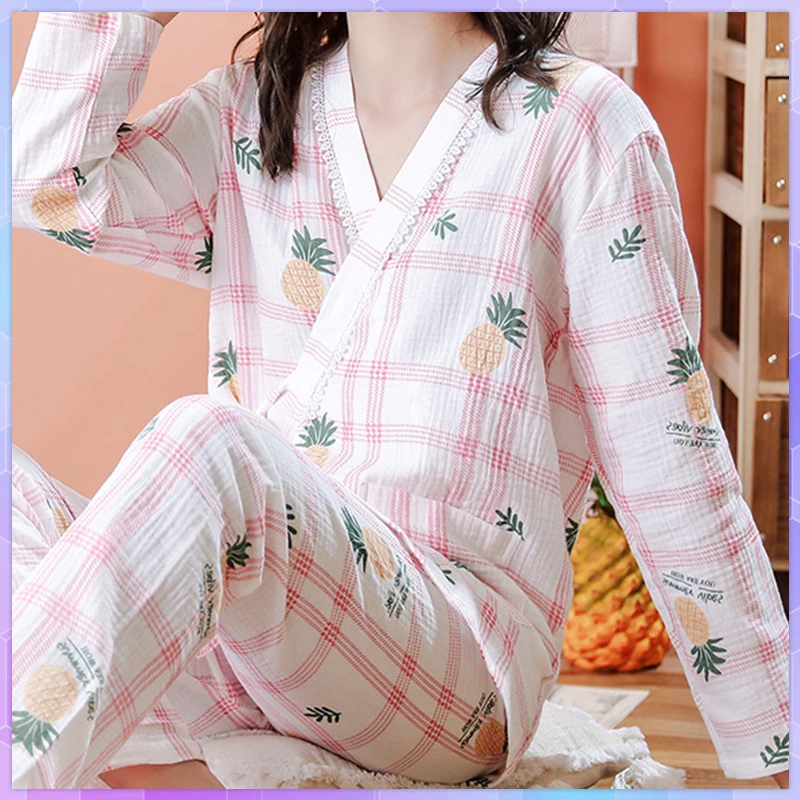 

Cute Women's Two-Piece Pajama Set Sleepwear For Spring Autumn Long-Sleeved Viscose Cotton Plus Size Homewear Trouser Suits