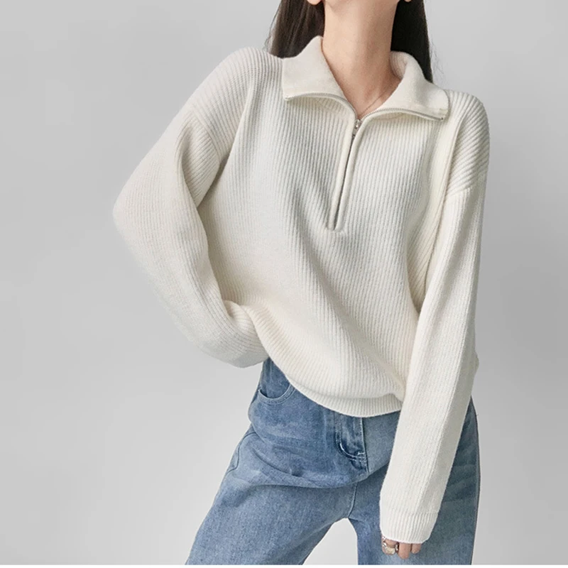 Autumn Winter Pullover Sweater Women\'s Zipper Semi Open Collar Korean Style Long Sleeved Knitted Sweaters Solid Color Top