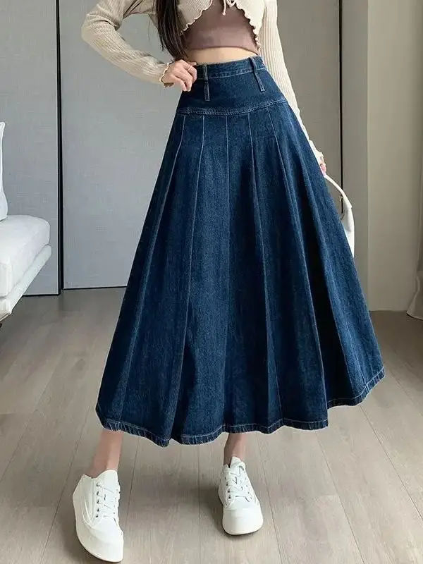 Pleated Jeans Skirts High Waist Chic 2024 Spring Autumn Long Washing Ladies Straight Women  Loose Denim Midi Skirts