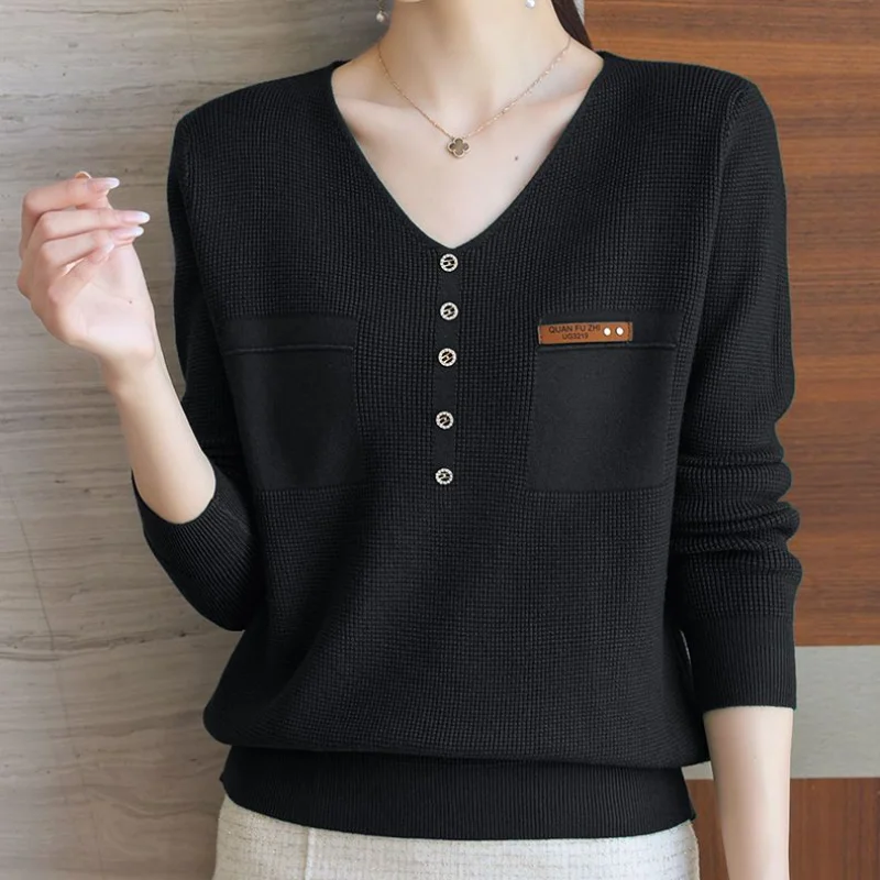 Commuter Versatile Elegant Temperament Women's Top Screw Thread Spliced Button V-Neck Long Sleeve Solid Color Pullover Shirt