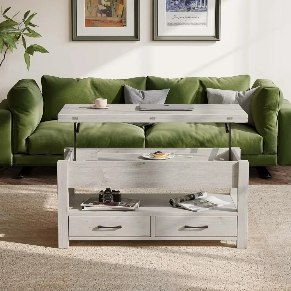 Coffee table with raised top, multifunctional coffee table that converts into a dining table with drawers, hidden compartments