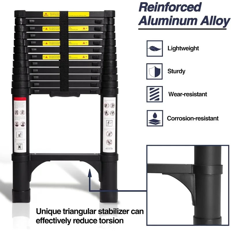 Aluminum Telescoping Ladder, Lightweight Multi-Purpose Collapsible Extension with 2 Triangle Stabilizers, Heavy Duty