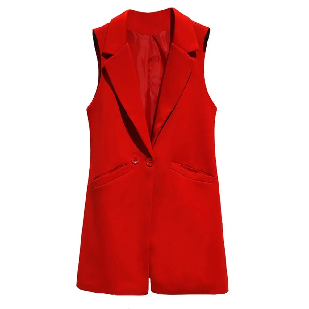 Women Long Suit Coat Sleeveless Mid Length Vest Jacket Thin Cardigan Lapel Formal OL Commute Style Lady Jacket