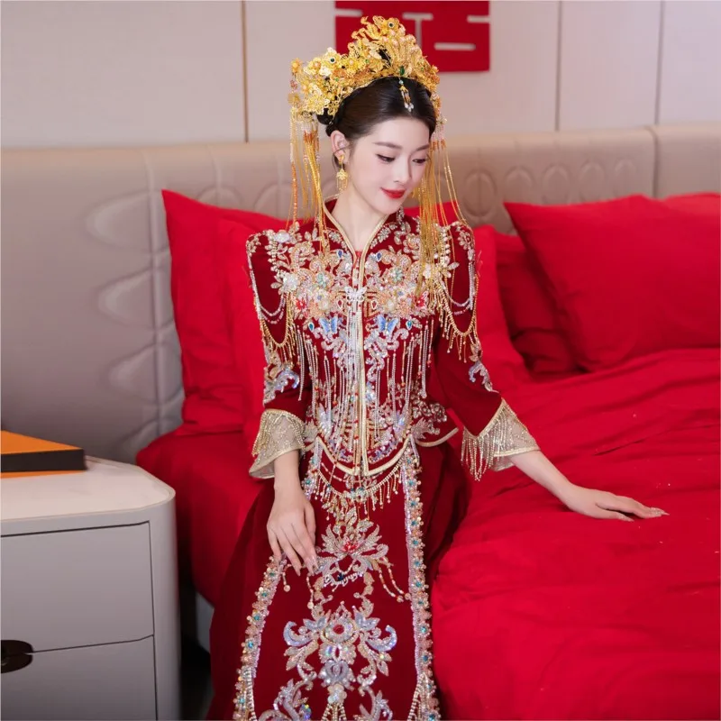 

New velvet wedding dress for brides Chinese-style toasting and heavy industry