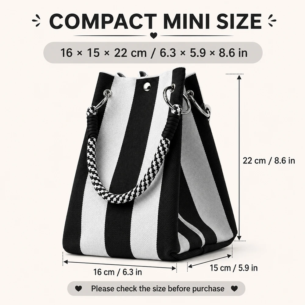 Mini-Strickhandtasche, gestreifte Häkel-Bucket-Bag, geometrische Colorblock-Handgelenktasche für Damen, leichte Sommer-Urlaubstasche – Detail 3
