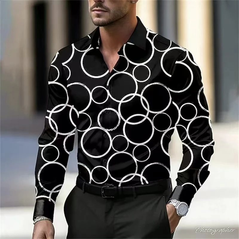 New men's round gradient casual fashion shirt, button up shirt, long sleeved, business casual, daily wear, lapel shirt
