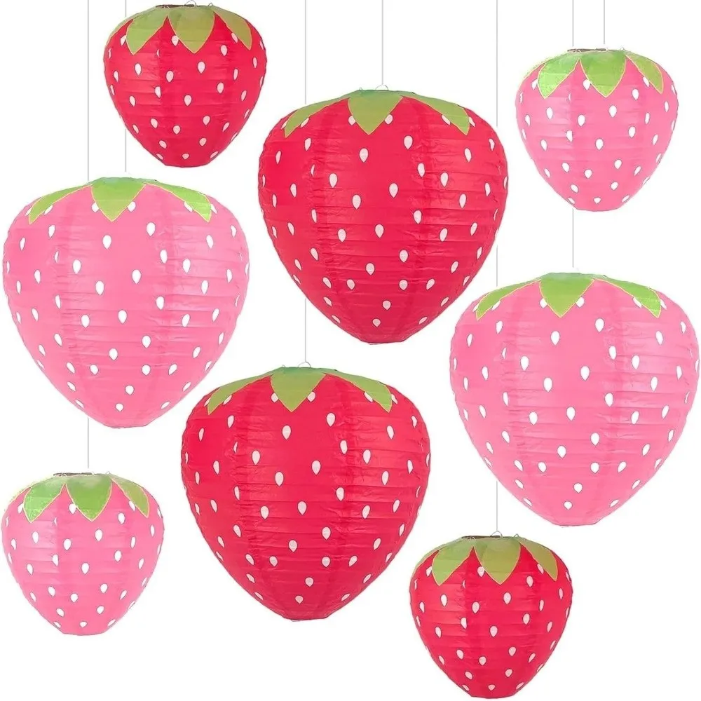 3PCS Pink Red Color 3D Strawberry Lantern Strawberry Shape Handheld Type Paper Lantern 3D Design Hanging Pendant