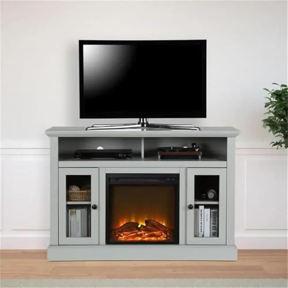 TV Stand with Replaceable Electric Fireplace Insert Realistic Log and Flame Effect Rustic Black Woodgrain Finish Fits TVs up to