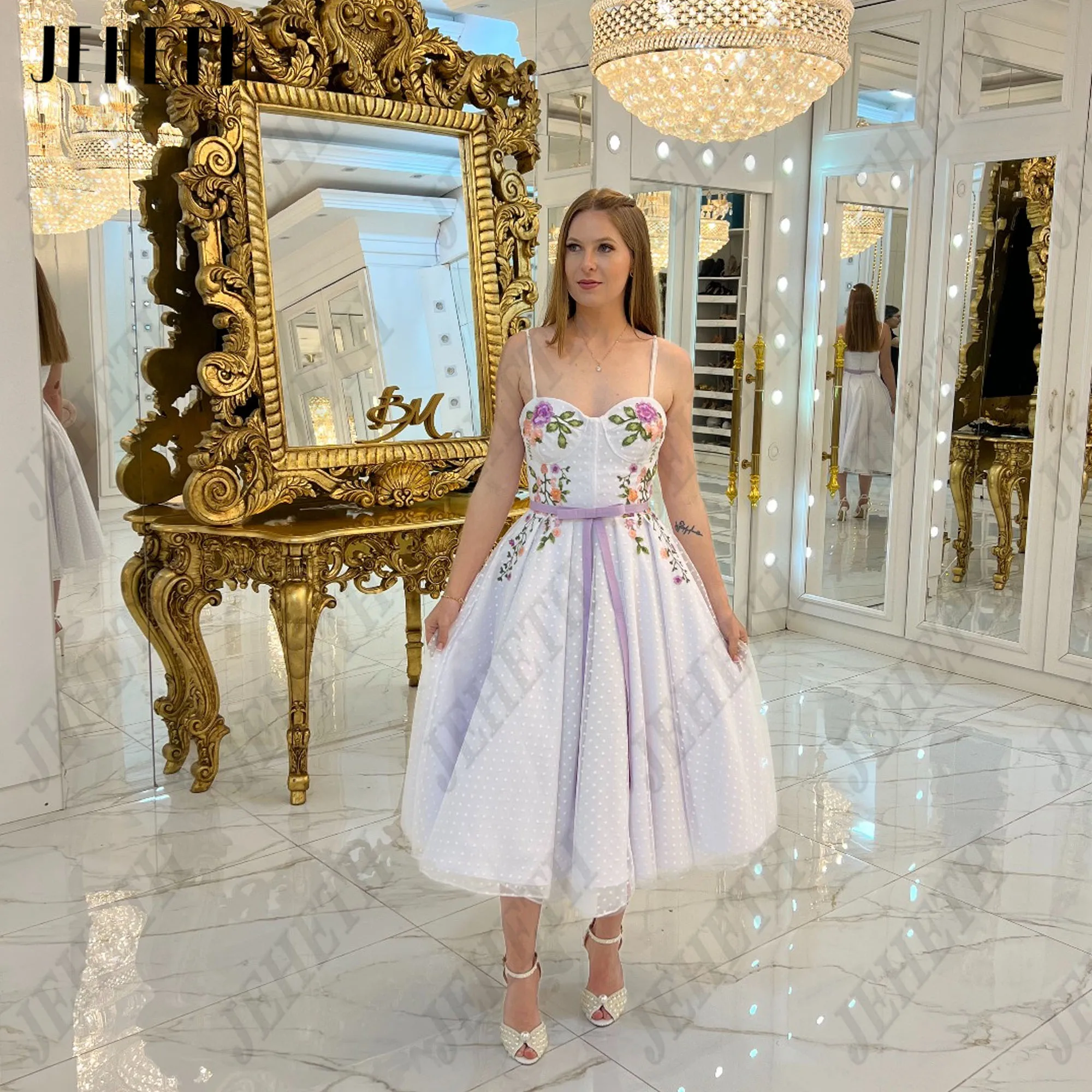 

JEHETH Sweetheart A Line Midi Prom Dress 2025 Spaghetti Straps Flowers Polka Dot Evening Gown Formal Occasion Dress Customized