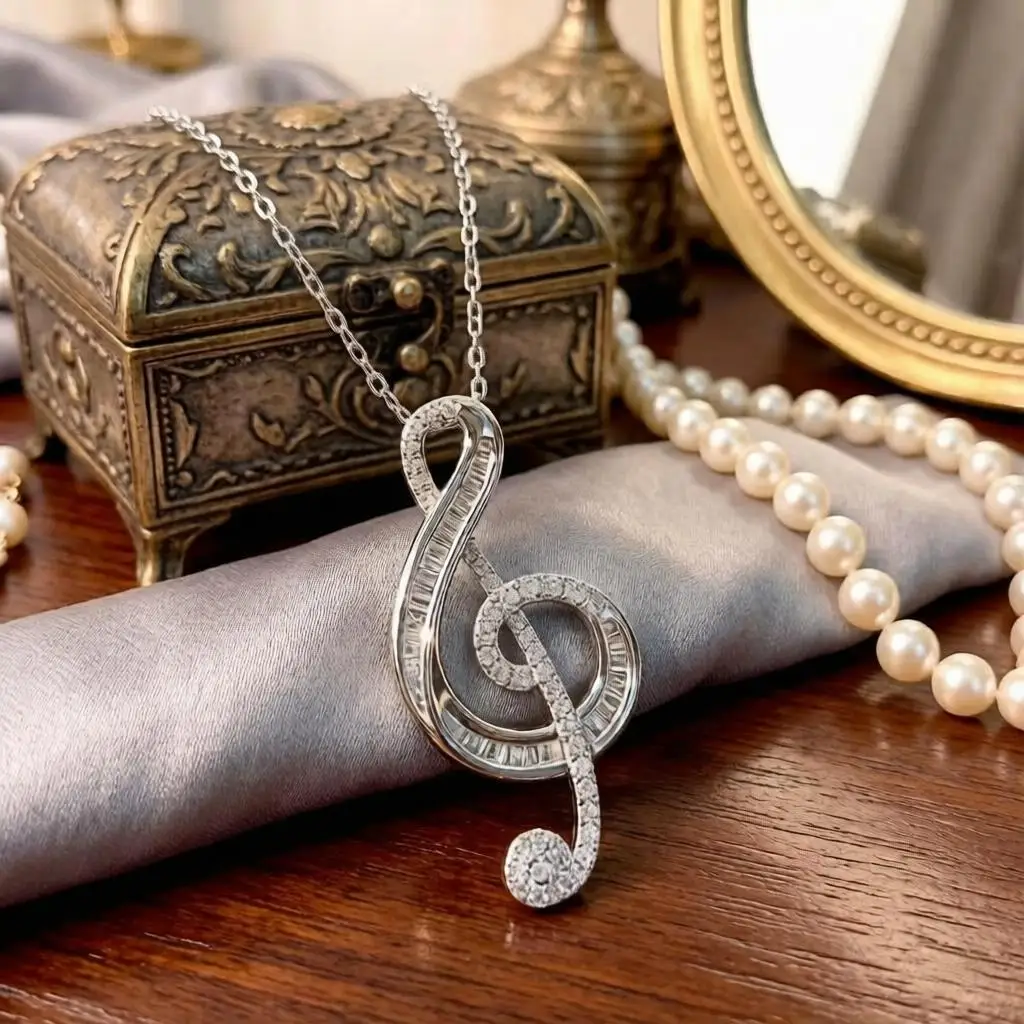 Dazzling 925 Sterling Silver Music Note Design Crystal Zircon Clavicle Chain Necklace for Women Girls Wedding Party Jewelry Gift