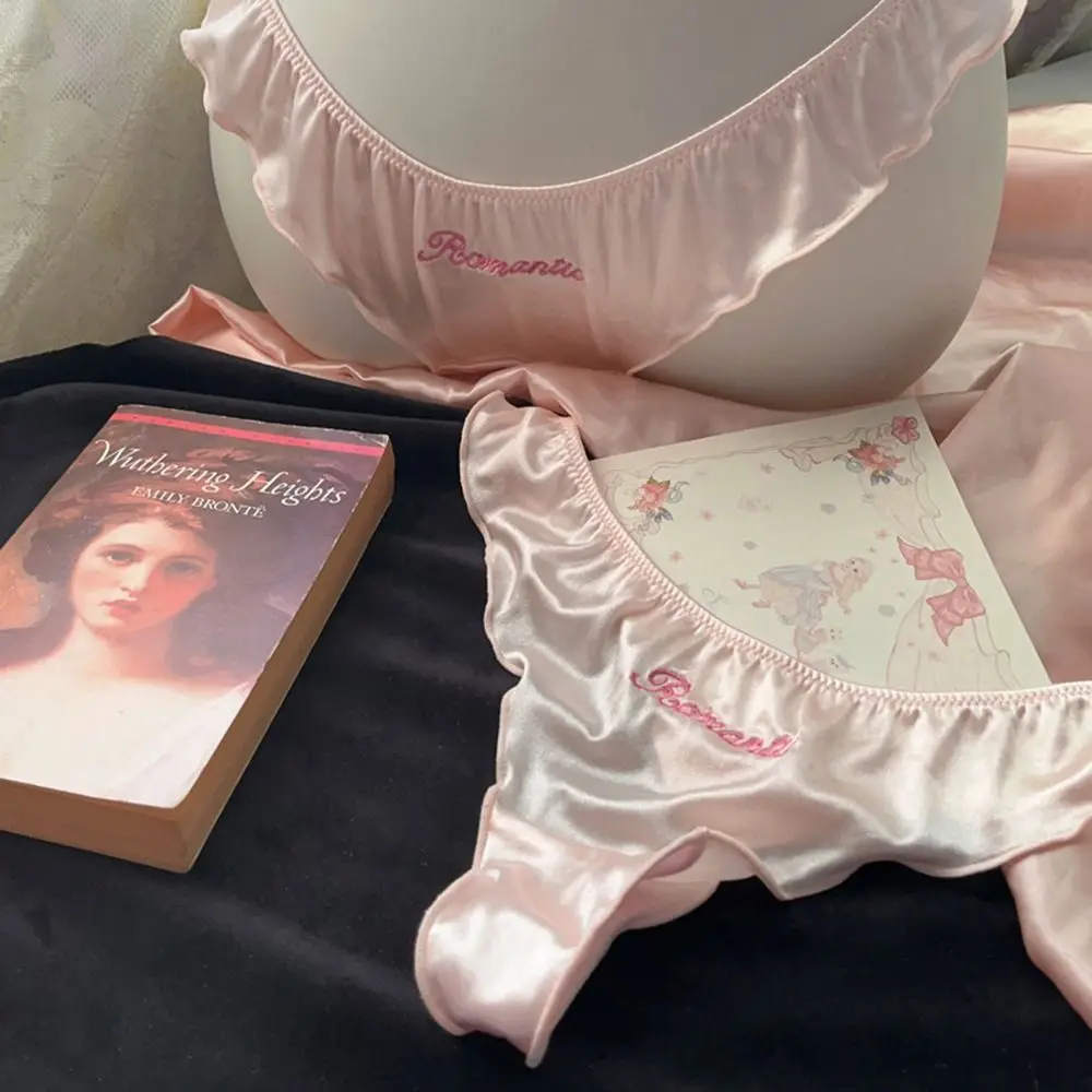 

Sweet Letter Satin Silk Ruffle Thong Embroidery Seamless Ice Silk Panties Female Lingerie Cotton Crotch Briefs for Women Girl