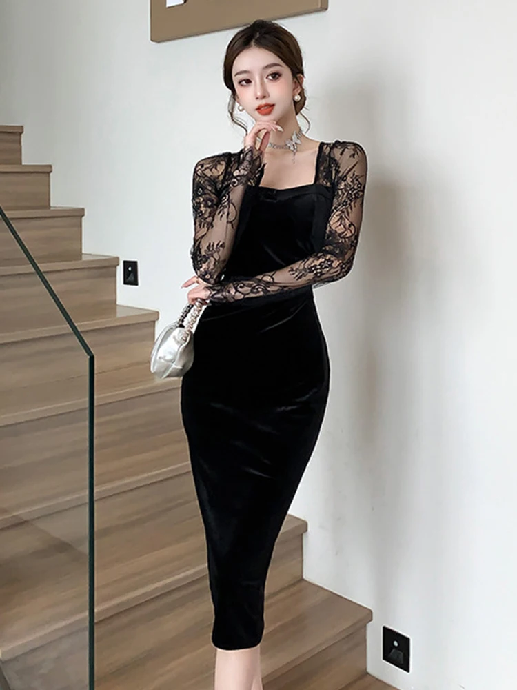 Fashion Lady Vintage Black Pencil Dress Women Clothes Elegant See Through Sexy Square Collar Slim Midi Party Prom Mujer Vestidos