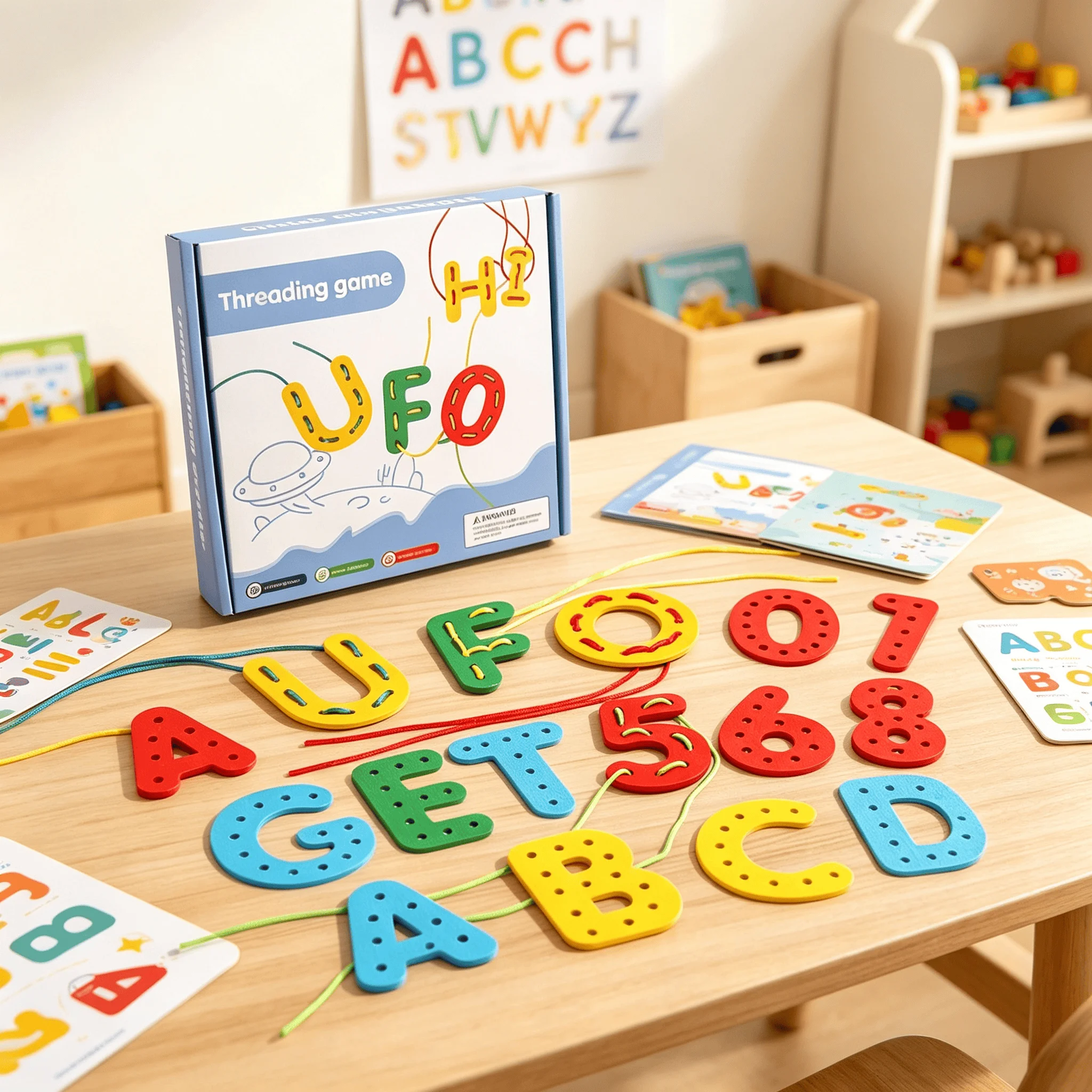 Children's Montessori Wooden Alphabet Number Thread Toy Cognitive Sewing Board Fine Motor Skills Hand-Eye Coordination 3+Y