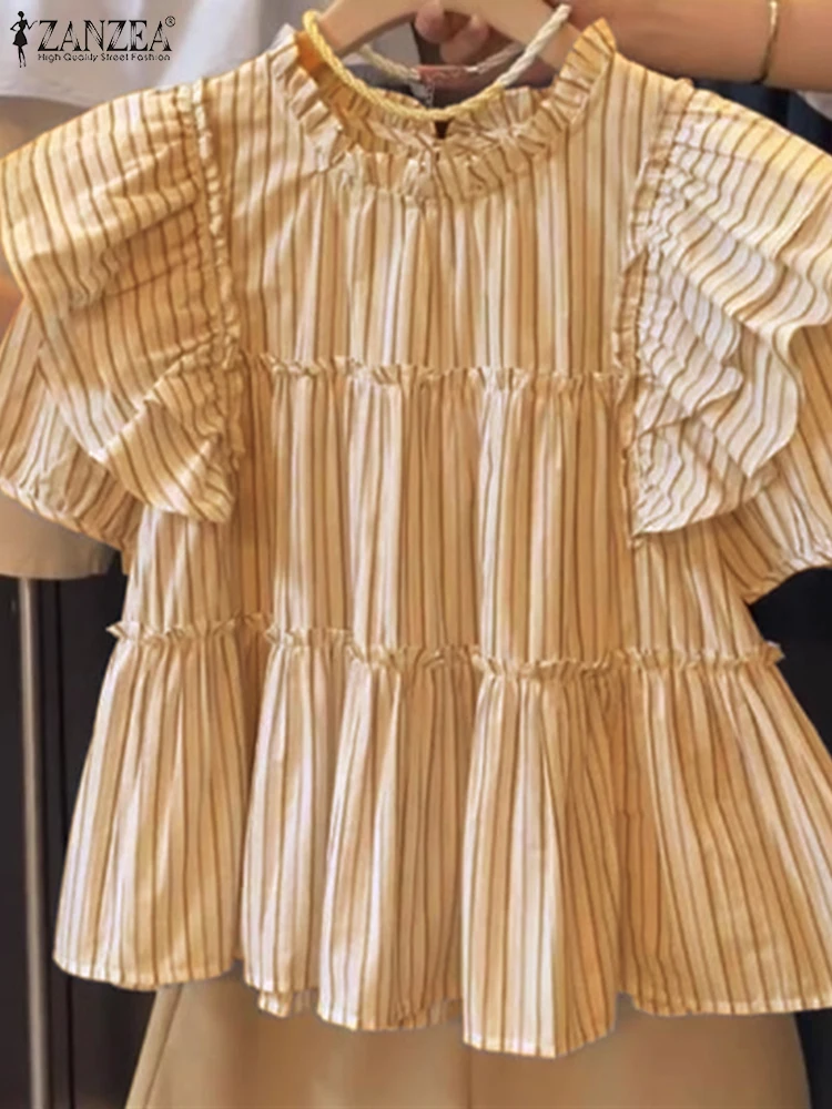 

Summer ZANZEA Ruffled Blouse Women Short Sleeve Striped Fashion Tops 2025 Casual Loose Blusas Femininas Vintage Print Shirts