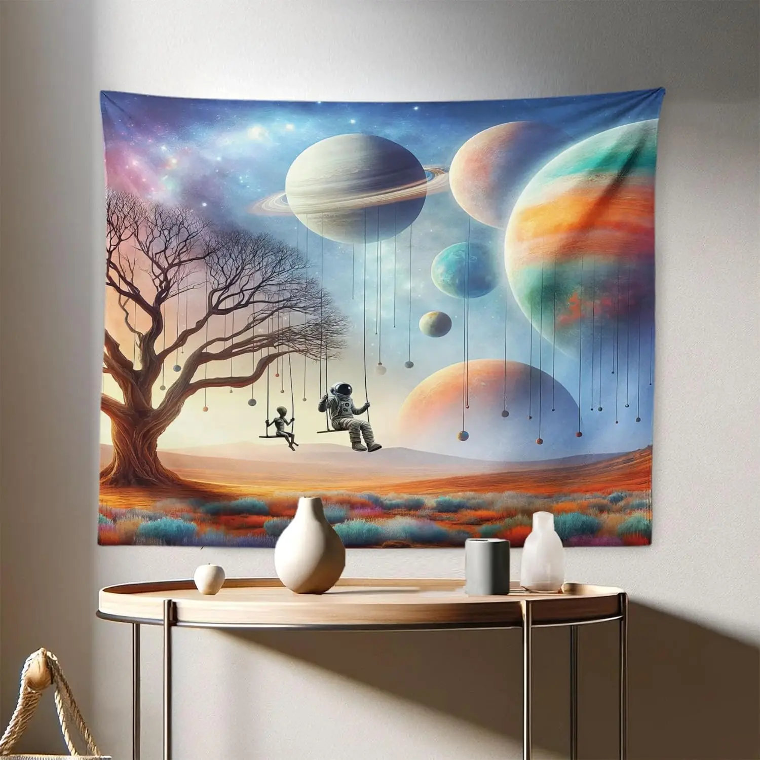 Astronaut and Child on Swing Under Planets Wall Tapestry 2D Flat Print Space Art Cosmic Theme Boho Decor Home Interior Hanging
