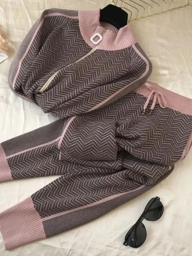 Winter Fall Stripe 2 Piece Sets Stand Collar Warm Cardigan Tracksuit High Waist Harem Pant Suits Knit Soft Korean Conjuntos