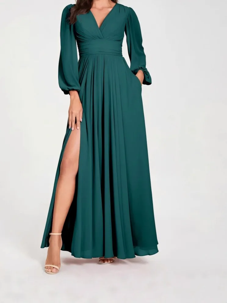 Vestido sofisticado vestido assimétrico profundo, elegante, plissado, volumoso, chiffon, romântico, até o chão