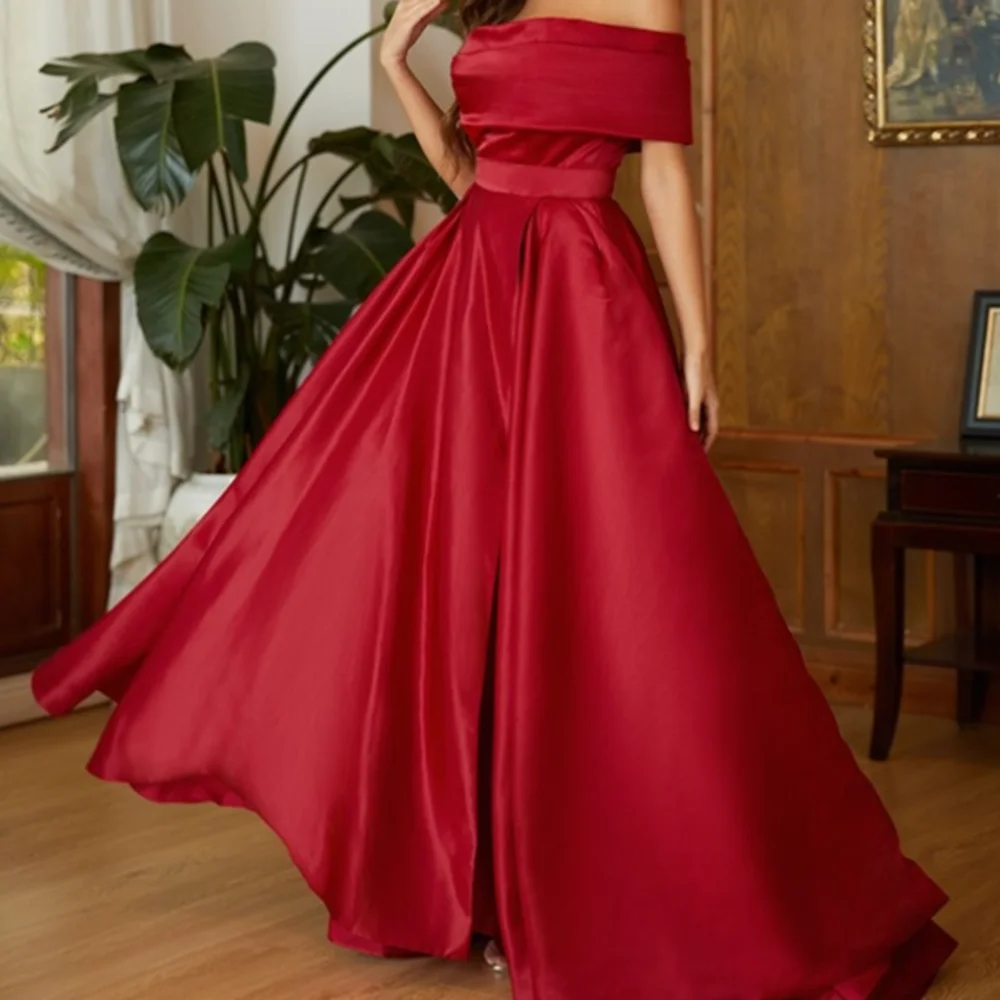 Sexy Long Red One Shoulder Satin Evening Dresses Short Sleeves with Slit A Line Floor Length  فساتين للمناسبات الخاصة