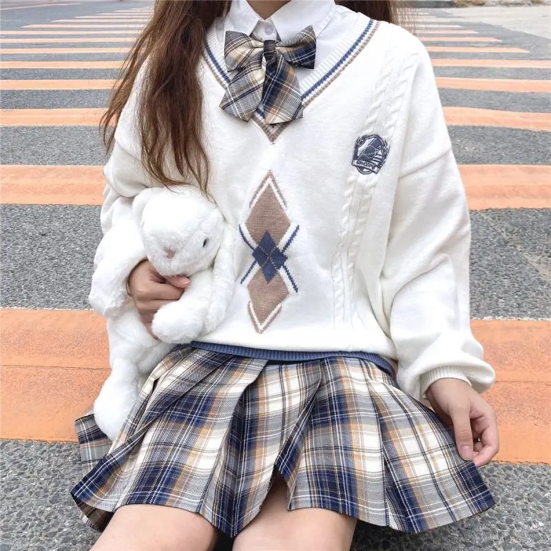 JK Uniform Pullover Sweater Korean V-neck Knitted Tops College Style Sweet Female Student Loose Outwear Japanese School Uniform