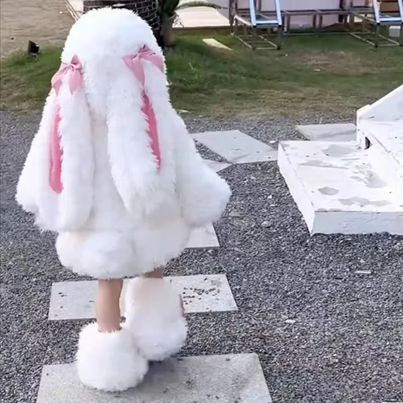Girls Lovely Cartoon Plush Rabbit Cosplay Costume Kawaii Kids Winter Warm White Bunny Top Pants Hat Halloween Party Outfit Gift