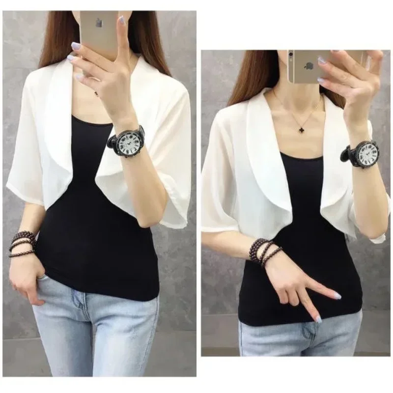 Crop Top Korean Fashion Cardigan Shawl Sunscreen Clothing Female Short Sleeve Waistcoat New Summer Short Top Women Clothing