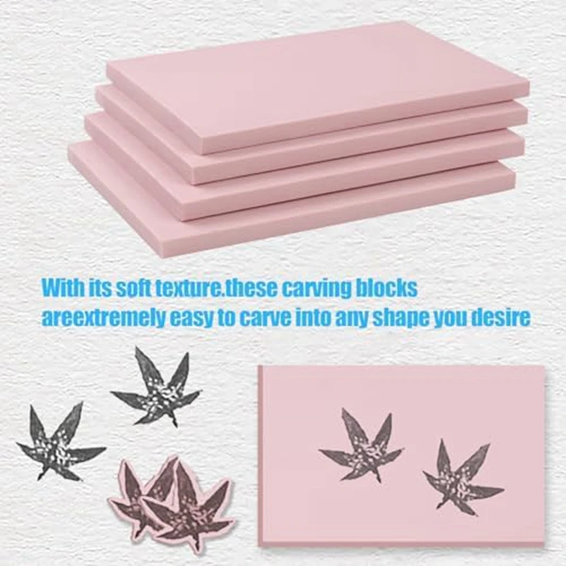 4-Piece 15 X 10Cm Pink Rubber Engraved Linoleum Block Stamp Making Kit For Print Production Easy To Use