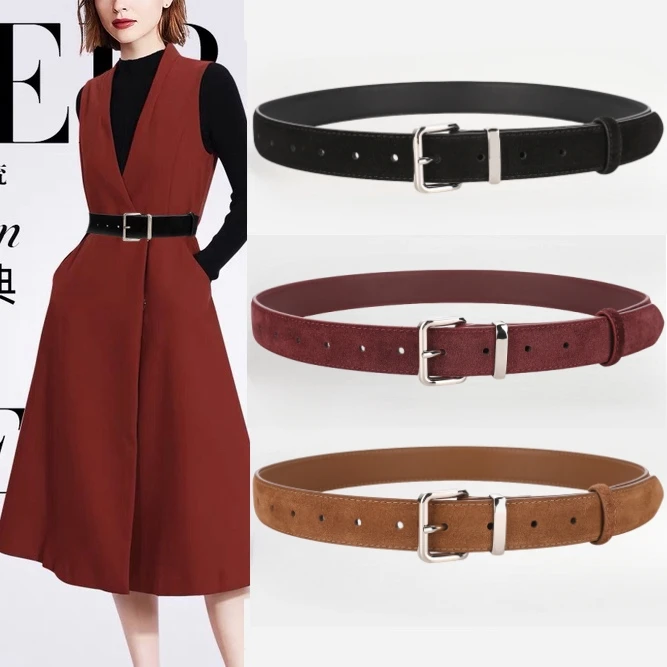 

Casual Cowhide Suede Belt for Women, Ancora Red Elegant Wide Belt with Silver/Gold Buckle for Dresses and Jeans