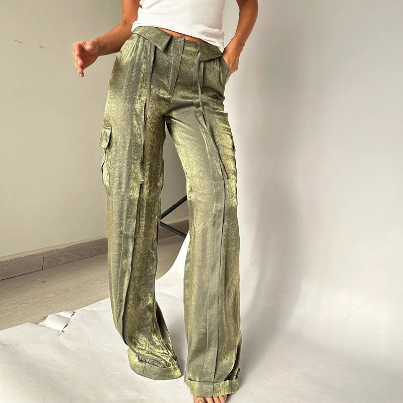 Pantalones de pierna ancha de Seda brillante para mujer, pantalón elegante de cintura alta con cremallera, Pantalón recto con bolsillo liso,