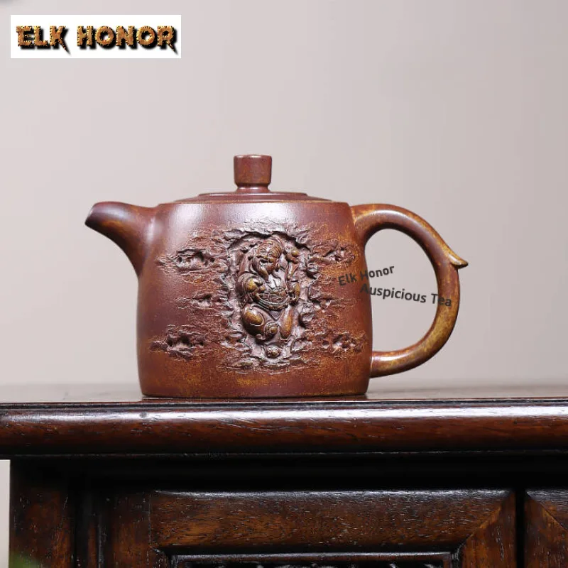 260ml Wood-fired Pot Hand-carved Hollow Fortune God Of Wealth Luxury Purple Clay Teapots Raw Ore Gold Sand Kettle Zisha Teaset